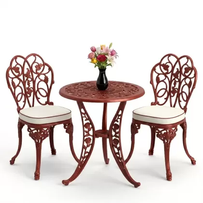 Yuvarlak 2 Kişilik alüminyum döküm masa, Ferfforje sandalye metal  balkon bahçe takımı kırmızı kiremit