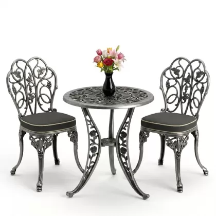Yuvarlak 2 Kişilik alüminyum döküm masa, Ferfforje sandalye metal  balkon bahçe takımı silver gümüş