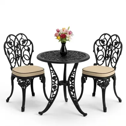 Yuvarlak 2 Kişilik alüminyum döküm masa, Ferfforje sandalye metal  balkon bahçe takımı siyah