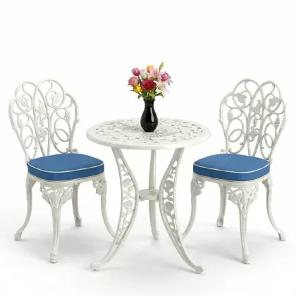 Yuvarlak 2 Kişilik alüminyum döküm masa, Ferfforje sandalye metal  balkon bahçe takımı beyaz
