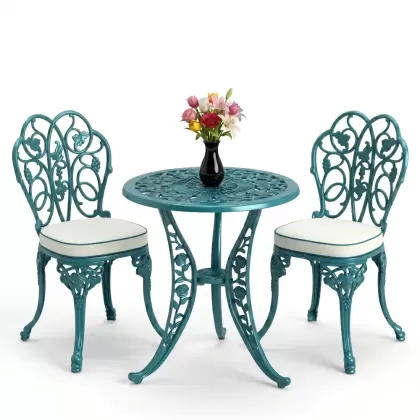 Yuvarlak 2 Kişilik alüminyum döküm masa, Ferfforje sandalye metal  balkon bahçe takımı turkuaz