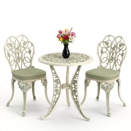 Yuvarlak 2 Kişilik alüminyum döküm masa, Ferfforje sandalye metal  balkon bahçe takımı yeşil patina