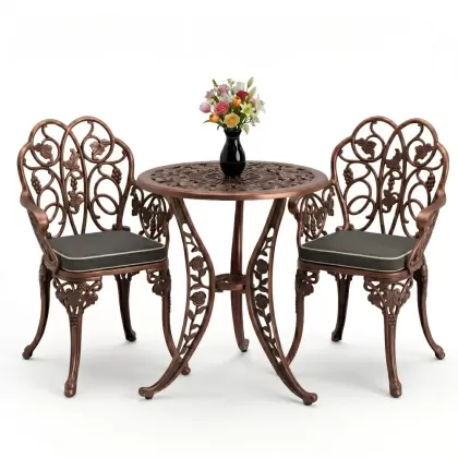 Yuvarlak 2 Kişilik alüminyum döküm masa, Ferfforje sandalye metal  balkon bahçe takımı bakır eskitme