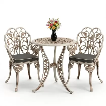 Yuvarlak 2 Kişilik alüminyum döküm masa, Ferfforje sandalye metal  balkon bahçe takımı beyaz eskitme