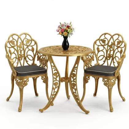 Yuvarlak 2 Kişilik alüminyum döküm masa, Ferfforje sandalye metal  balkon bahçe takımı gold altın