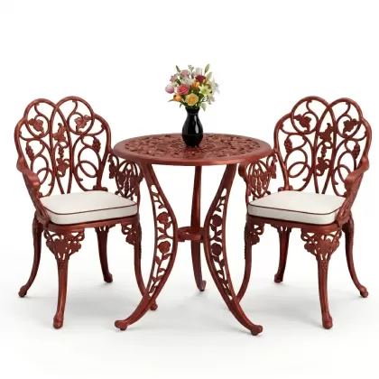 Yuvarlak 2 Kişilik alüminyum döküm masa, Ferfforje sandalye metal  balkon bahçe takımı kırmızı kiremit