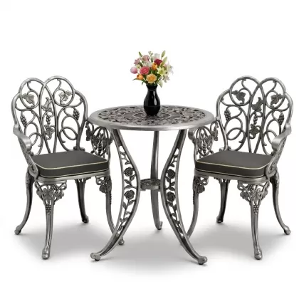 Yuvarlak 2 Kişilik alüminyum döküm masa, Ferfforje sandalye metal  balkon bahçe takımı silver gümüş