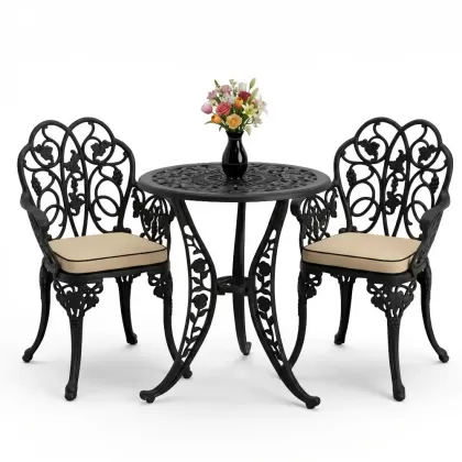 Yuvarlak 2 Kişilik alüminyum döküm masa, Ferfforje sandalye metal  balkon bahçe takımı siyah