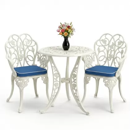 Yuvarlak 2 Kişilik alüminyum döküm masa, Ferfforje sandalye metal  balkon bahçe takımı beyaz