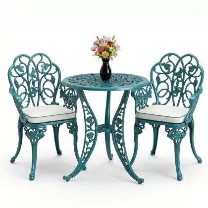 Yuvarlak 2 Kişilik alüminyum döküm masa, Ferfforje sandalye metal  balkon bahçe takımı turkuaz