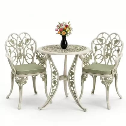 Yuvarlak 2 Kişilik alüminyum döküm masa, Ferfforje sandalye metal  balkon bahçe takımı yeşil patina