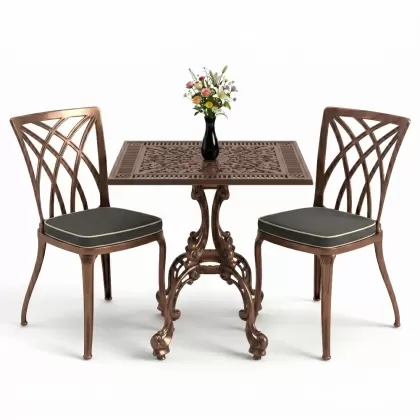 Kare 2 Kişilik alüminyum döküm masa, Ferfforje sandalye metal balkon bahçe takımı bakır eskitme