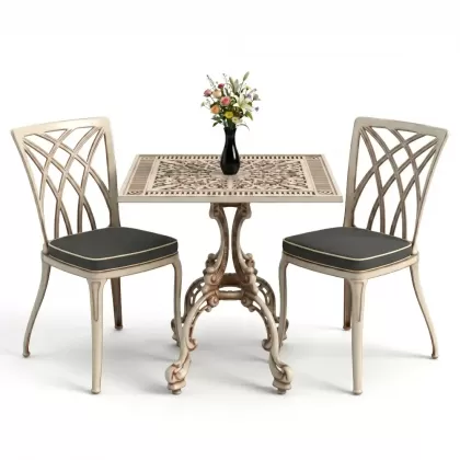Kare 2 Kişilik alüminyum döküm masa, Ferfforje sandalye metal balkon bahçe takımı beyaz eskitme