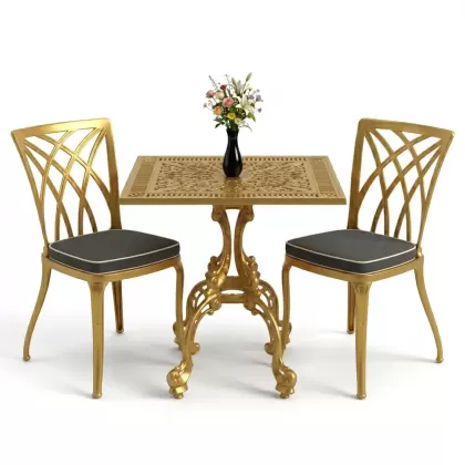 Kare 2 Kişilik alüminyum döküm masa, Ferfforje sandalye metal balkon bahçe takımı gold altın