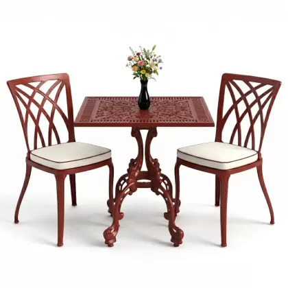 Kare 2 Kişilik alüminyum döküm masa, Ferfforje sandalye metal balkon bahçe takımı kiremit kırmızı
