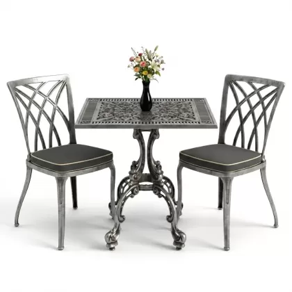 Kare 2 Kişilik alüminyum döküm masa, Ferfforje sandalye metal balkon bahçe takımı silver gümüş