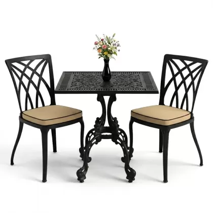 Kare 2 Kişilik alüminyum döküm masa, Ferfforje sandalye metal balkon bahçe takımı siyah