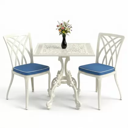 Kare 2 Kişilik alüminyum döküm masa, Ferfforje sandalye metal balkon bahçe takımı beyaz
