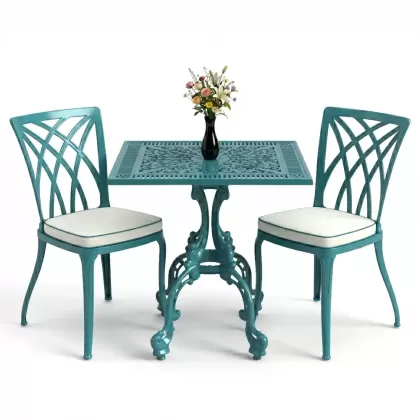 Kare 2 Kişilik alüminyum döküm masa, Ferfforje sandalye metal balkon bahçe takımı turkuaz