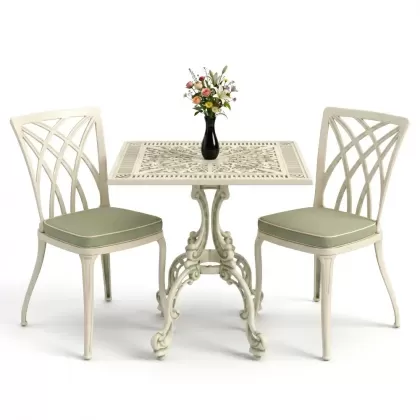 Kare 2 Kişilik alüminyum döküm masa, Ferfforje sandalye metal balkon bahçe takımı yeşil patina