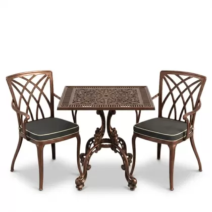 Kare 2 Kişilik alüminyum döküm masa, Ferfforje sandalye metal balkon bahçe takımı bakır eskitme