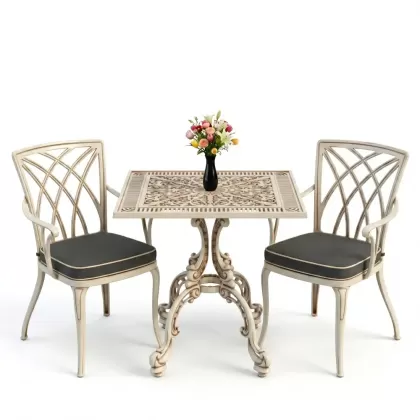Kare 2 Kişilik alüminyum döküm masa, Ferfforje sandalye metal balkon bahçe takımı beyaz eskitme