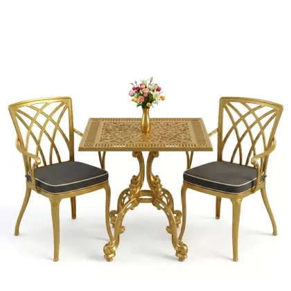 Kare 2 Kişilik alüminyum döküm masa, Ferfforje sandalye metal balkon bahçe takımı gold altın