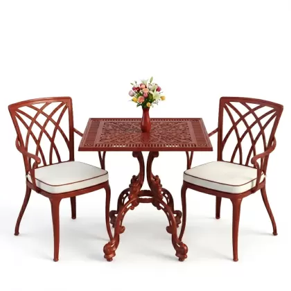 Kare 2 Kişilik alüminyum döküm masa, Ferfforje sandalye metal balkon bahçe takımı kırmızı kiremit
