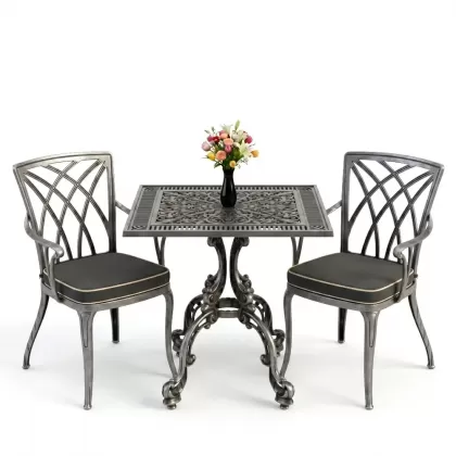 Kare 2 Kişilik alüminyum döküm masa, Ferfforje sandalye metal balkon bahçe takımı silver gümüş