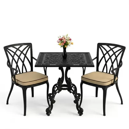 Kare 2 Kişilik alüminyum döküm masa, Ferfforje sandalye metal balkon bahçe takımı siyah