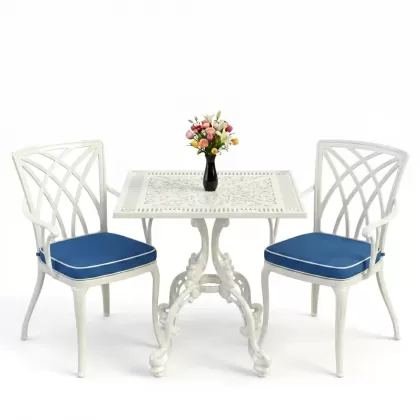 Kare 2 Kişilik alüminyum döküm masa, Ferfforje sandalye metal balkon bahçe takımı beyaz