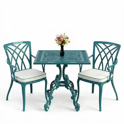 Kare 2 Kişilik alüminyum döküm masa, Ferfforje sandalye metal balkon bahçe takımı turkuaz