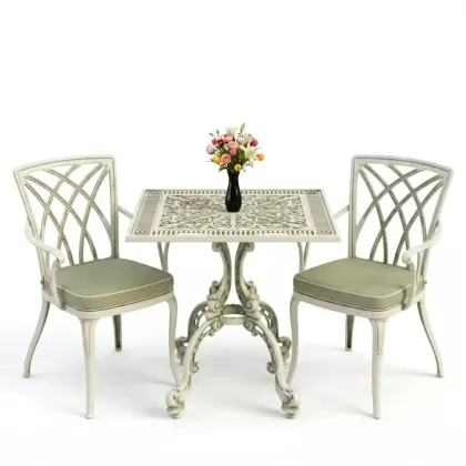 Kare 2 Kişilik alüminyum döküm masa, Ferfforje sandalye metal balkon bahçe takımı yeşil patina