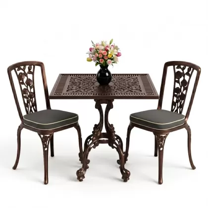 Kare 2 Kişilik alüminyum döküm masa, Ferfforje sandalye metal balkon bahçe takımı bakır eskitme