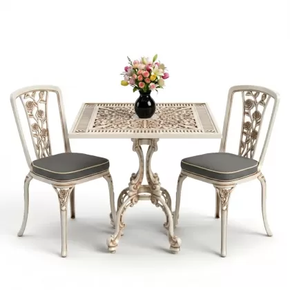 Kare 2 Kişilik alüminyum döküm masa, Ferfforje sandalye metal balkon bahçe takımı beyaz eskitme