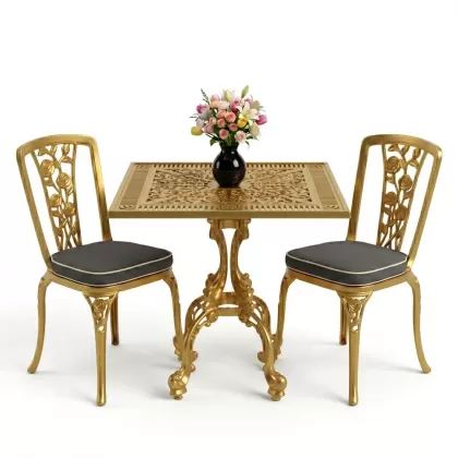 Kare 2 Kişilik alüminyum döküm masa, Ferfforje sandalye metal balkon bahçe takımı gold altın
