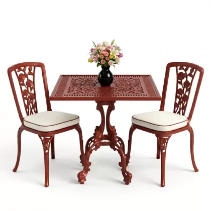 Kare 2 Kişilik alüminyum döküm masa, Ferfforje sandalye metal balkon bahçe takımı kırmızı kiremit