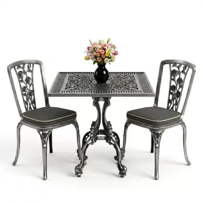 Kare 2 Kişilik alüminyum döküm masa, Ferfforje sandalye metal balkon bahçe takımı gümüş silver