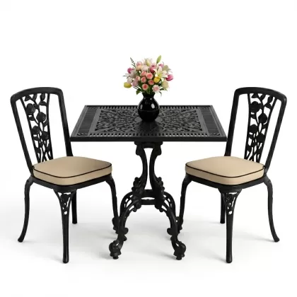 Kare 2 Kişilik alüminyum döküm masa, Ferfforje sandalye metal balkon bahçe takımı siyah