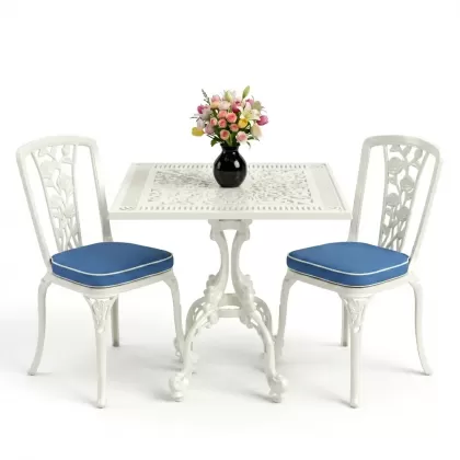 Kare 2 Kişilik alüminyum döküm masa, Ferfforje sandalye metal balkon bahçe takımı beyaz