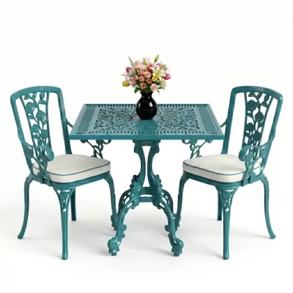 Kare 2 Kişilik alüminyum döküm masa, Ferfforje sandalye metal balkon bahçe takımı turkuaz