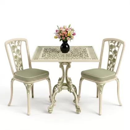 Kare 2 Kişilik alüminyum döküm masa, Ferfforje sandalye metal balkon bahçe takımı yeşil patina