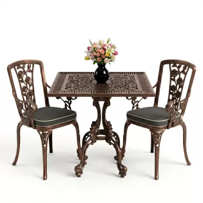 Kare 2 Kişilik alüminyum döküm masa, Ferfforje sandalye metal balkon bahçe takımı bakır patina