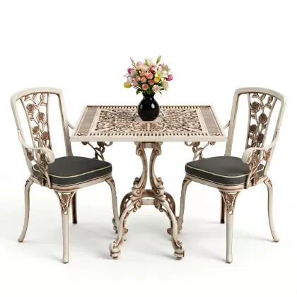 Kare 2 Kişilik alüminyum döküm masa, Ferfforje sandalye metal balkon bahçe takımı beyaz patina