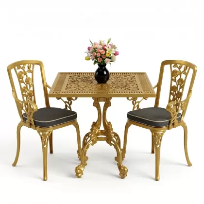 Kare 2 Kişilik alüminyum döküm masa, Ferfforje sandalye metal balkon bahçe takımı gold altın