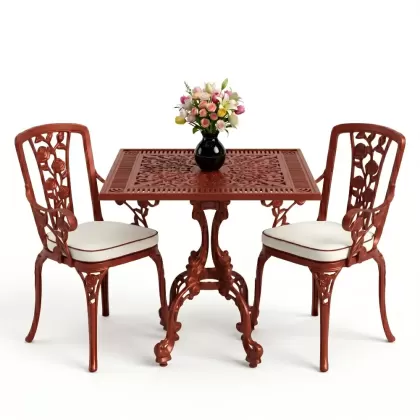 Kare 2 Kişilik alüminyum döküm masa, Ferfforje sandalye metal balkon bahçe takımı kiremit kırmızı