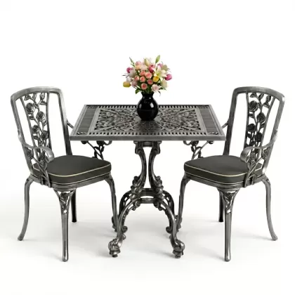 Kare 2 Kişilik alüminyum döküm masa, Ferfforje sandalye metal balkon bahçe takımı gümüş silver