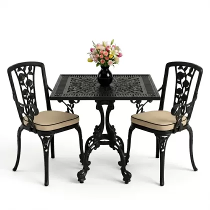 Kare 2 Kişilik alüminyum döküm masa, Ferfforje sandalye metal balkon bahçe takımı siyah