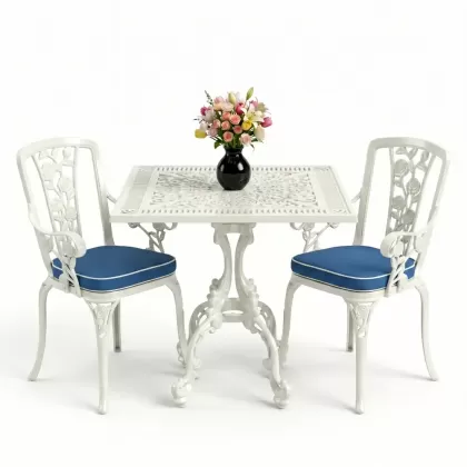 Kare 2 Kişilik alüminyum döküm masa, Ferfforje sandalye metal balkon bahçe takımı beyaz