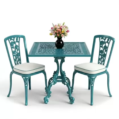 Kare 2 Kişilik alüminyum döküm masa, Ferfforje sandalye metal balkon bahçe takımı turkuaz